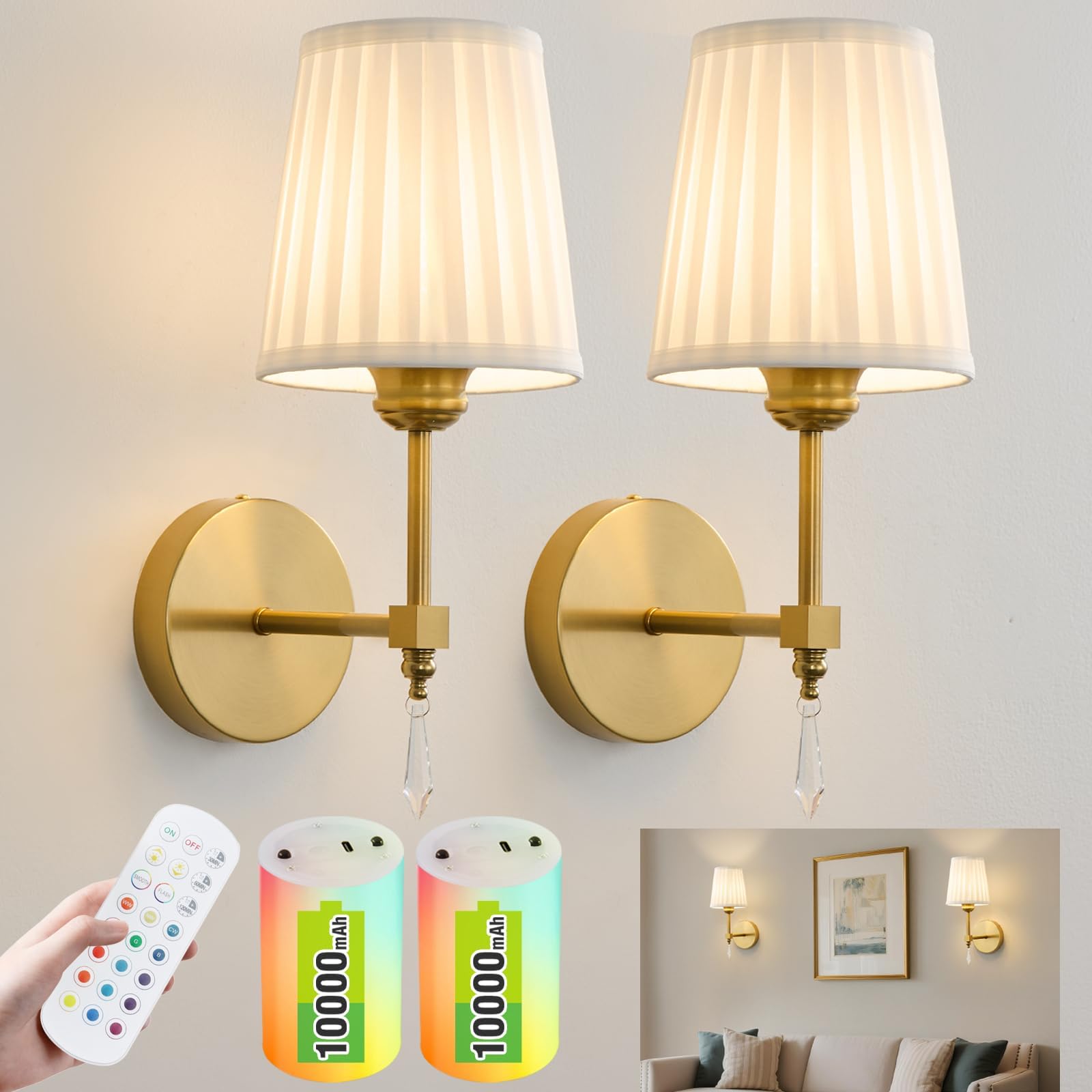 Battery Operated Wall Sconce Set of 2 10000 Mah Rechargeable Wall Sconces Dimmable 12 RGBS Remote Wireless Sconces