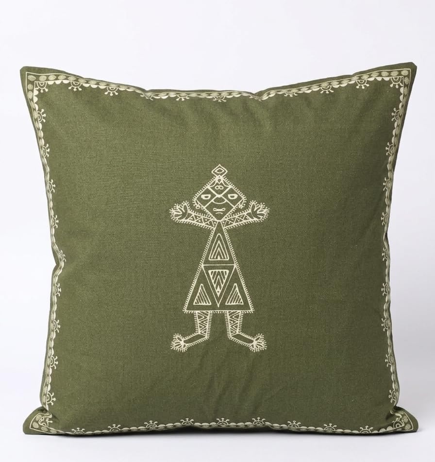 Image of Sacred Geometry Olive Rajasthani Mandana Series Cushion Cover for Sofa, Living Room & Bedroom | Ethnic Printed Decorative Square Pillow Cover
