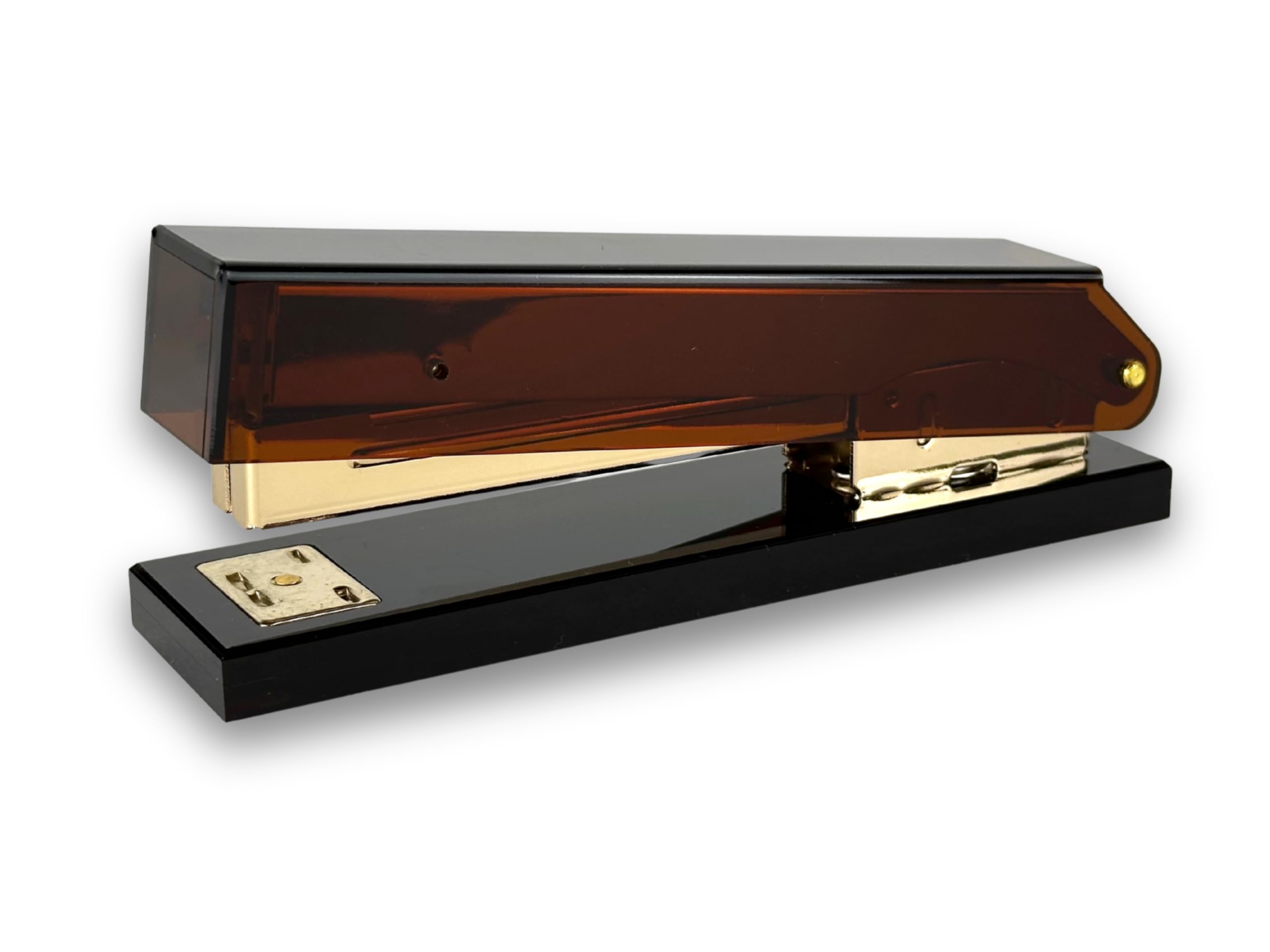 Grapadora Amber Gold, diseño elegante, capacidad de 25 hojas, cristal acrílico ámbar con detalles dorados