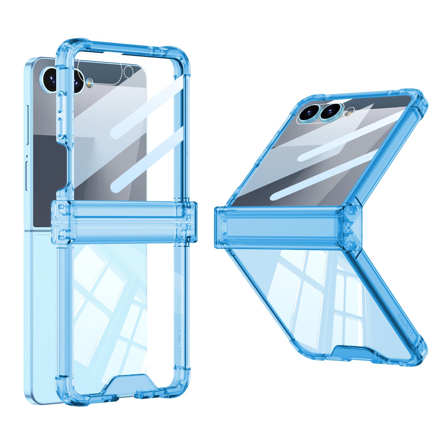 Galaxy Z Flip7 用 ケース クリア 黄ばみ防止 一体型サブディスプレイフィルム付き ヒンジ保護 Gunwon スマホケース Samsung ギャラクシー Z Flip7 SC-55F/SCG35 ケース 透明 四隅エアクッション 薄型 軽量 耐衝撃 「ブルー」