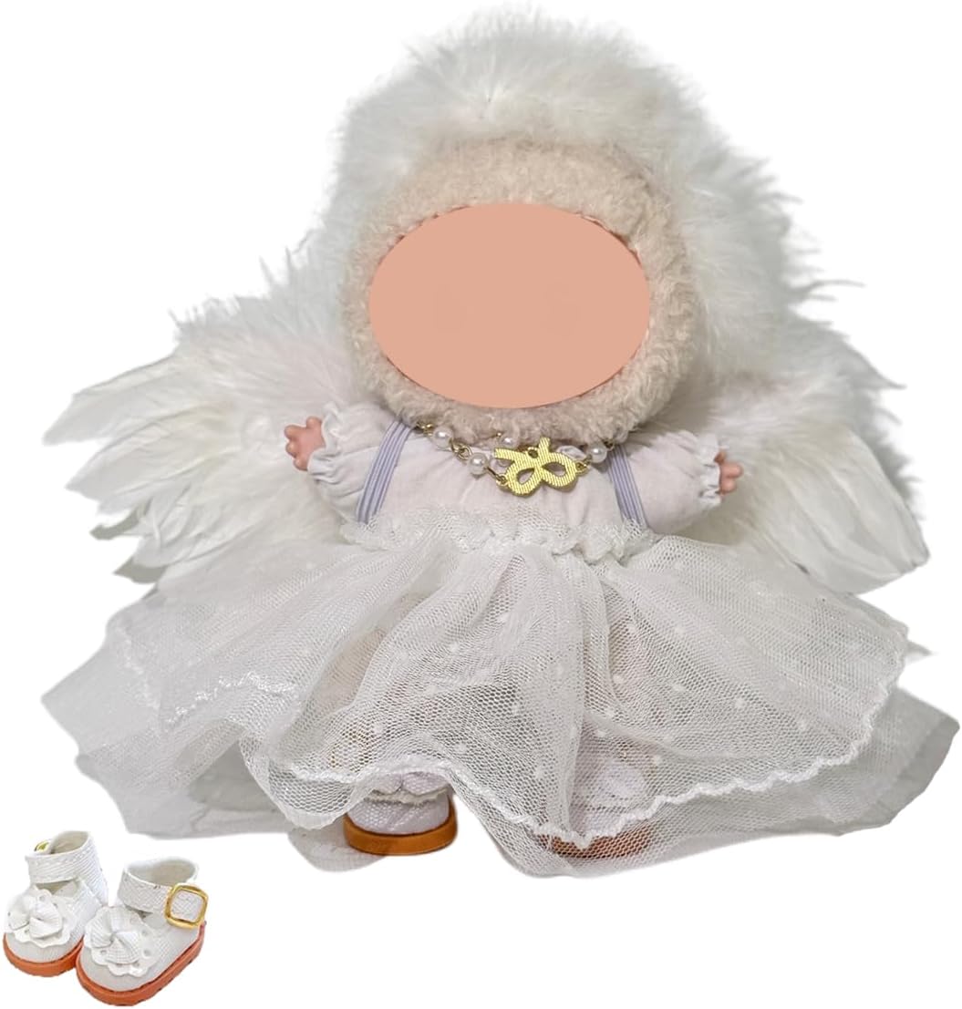 6-Piece Set Clothes for 17cm (6.7 in) Dolls (No Doll) – White Angel Outfit with Lace Dress, Inner Slip, Wing Cape, Headband, Choker & Shoes