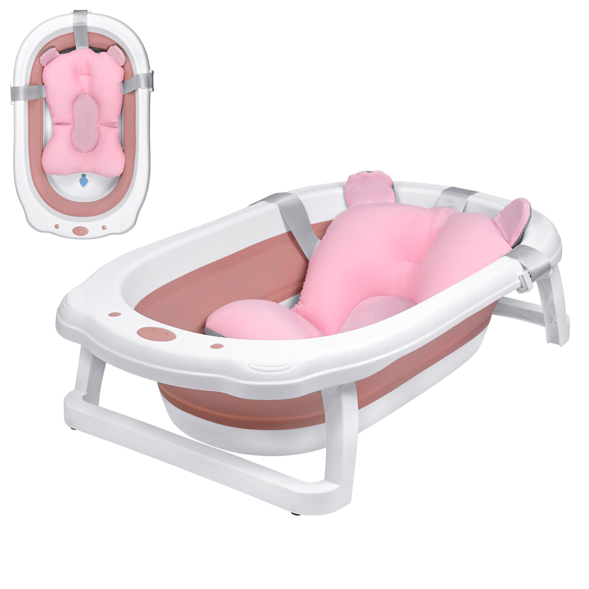 TATIVALO Baby Badewanne faltbar – Klappbare Reisebadewanne mit rutschfestem Design, ergonomischem Kopfkissen & Thermometer für Neugeborene bis 3 Monate (Rosa)