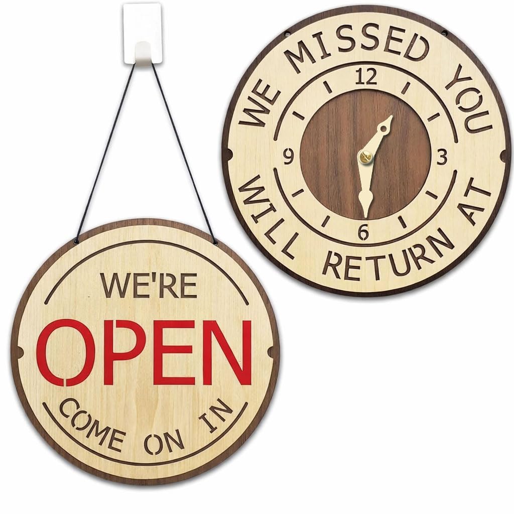 LOKAUS Happy Smiley Face Design, Open and Closed Sign, Wooden Come On In, Will Return Clock, Be Back Sign with Clock, Double Sided Open Signs for