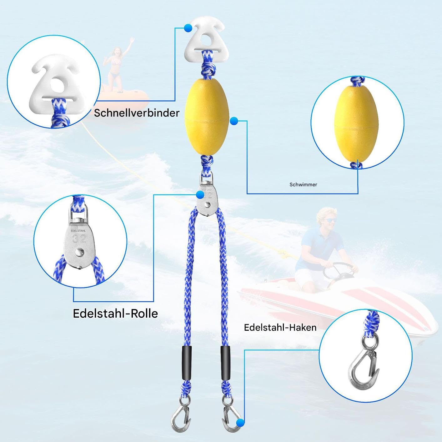 Corda Traino Barca per Tubing Di Sicurezza Kayak Resistente 4,88 M | Corda Da Traino Galleggiante Marina Lago Fiume Mare Sport Acquatici Pesca Surf Soccorso