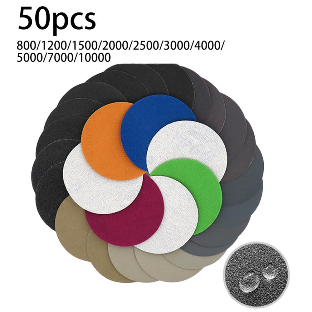 50 Pezzi 3 Pollici Dischi abrasivi Carta vetrata ad Acqua 75 mm Posteriore Floccato Carta vetrata Gancio e Anello 800-10000 Grana smerigliatrice angolare Utensili abrasiv