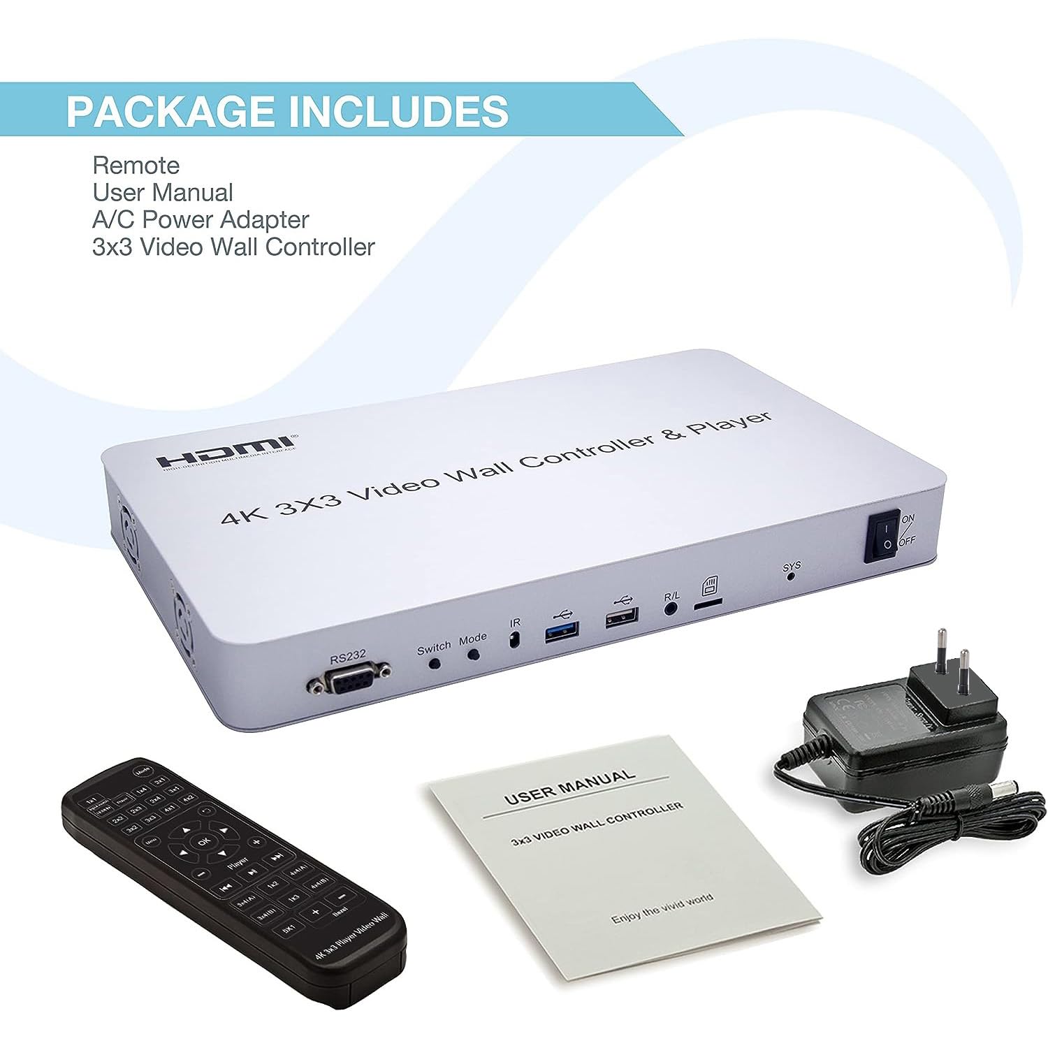 4K 3 x 3 Nuovo video wall controller USB+HDMI Input HDMI Output con Media Player, IR Remote+Voice Control+RS232, Edge Masking, 1x2, 1x3, 1x4, 2x1, 2x2, 2x3, 2x4, 3x1, 3x2, 3x3, 4x1, 4x2
