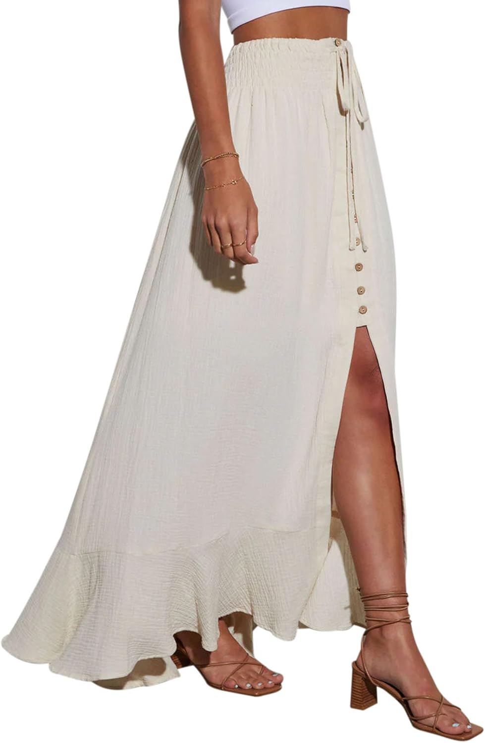 Minclouse Women's Elastic Tie Waist Button Down Maxi Skirts Casual Loose Flowy Swing Slit Front Dress - Image 2