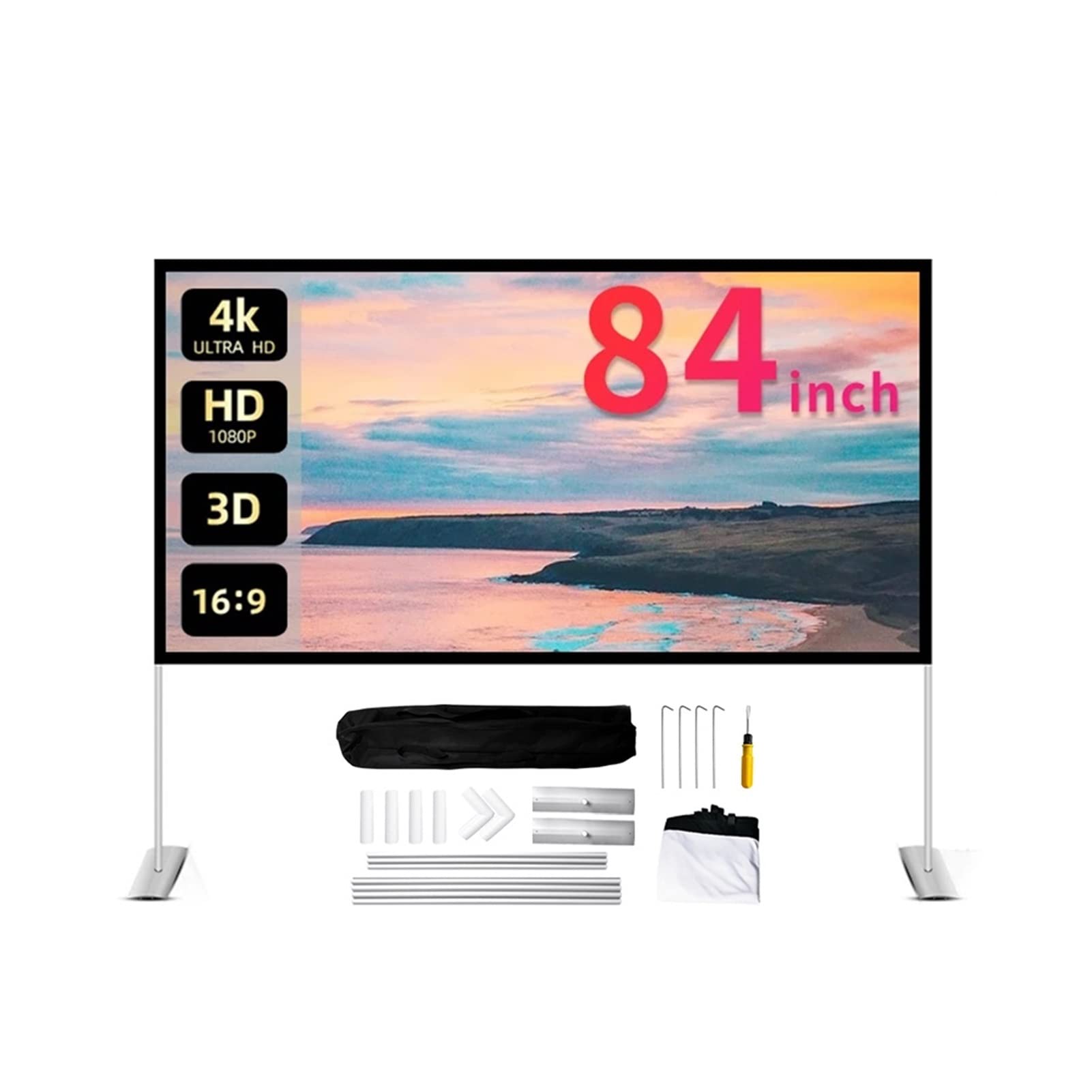 Myuyee Projector Protective Outdoor 84 Inch Portable Foldable Screen 16:9 Home Ktv Office 3D Hd Shreds Projection Screen Gaming, Office
