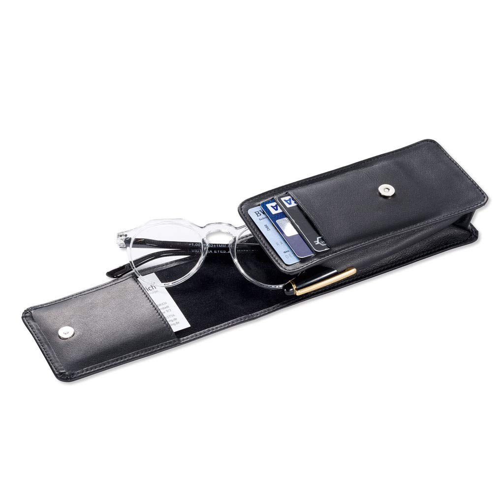 Pierre Leder-Stecketui mit Magnetknopf - Echtes Kalbsleder - Variables Brillenetui mit 3 RFID-Kartenfächern und 2 Stifthaltern - In Schwarz - 155 x 70 x 37 Millimeter