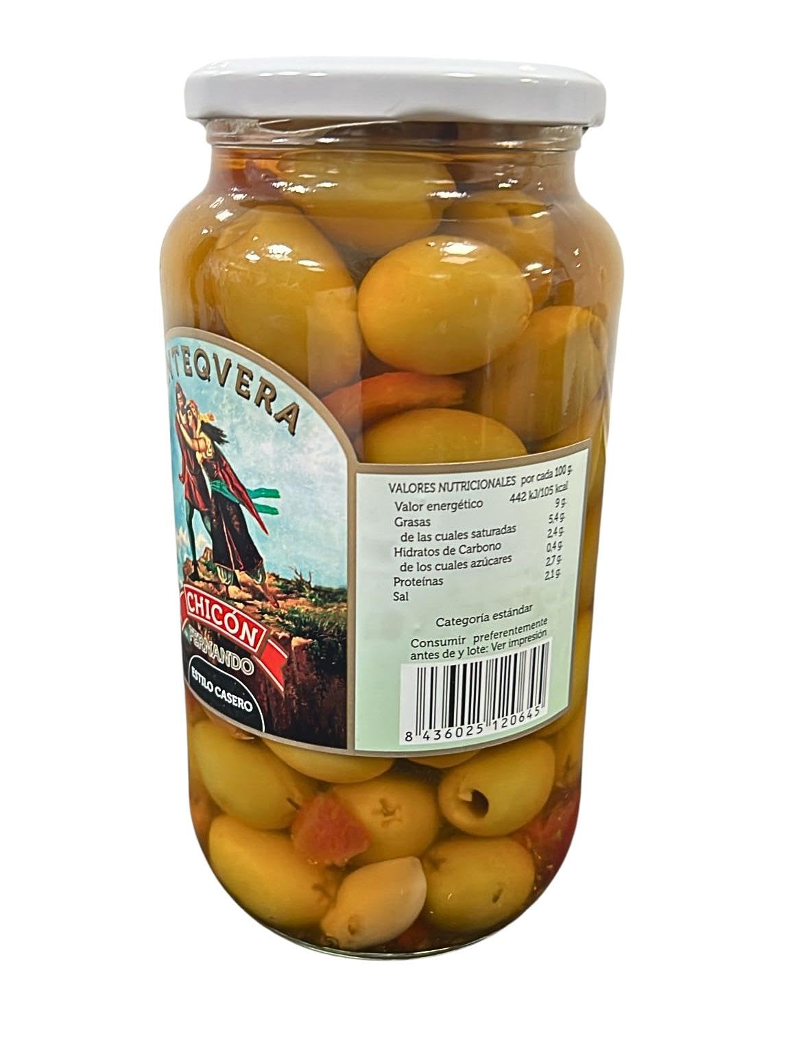Chicón Lebrón Aceitunas Gordal Deshuesadas Calibre Gigante 80/120 Estilo Casero con Ajo Pimiento Picante Tarro 900g