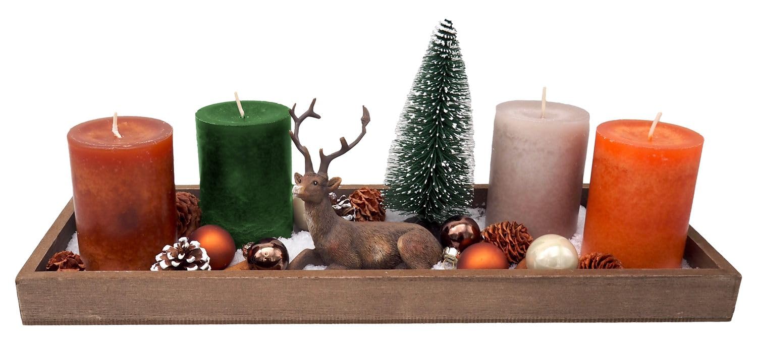 ZauberDeko Tablett Braun Adventsgesteck Hirsch Orange Kerzen Tannenbaum Weihnachten Deko 40cm