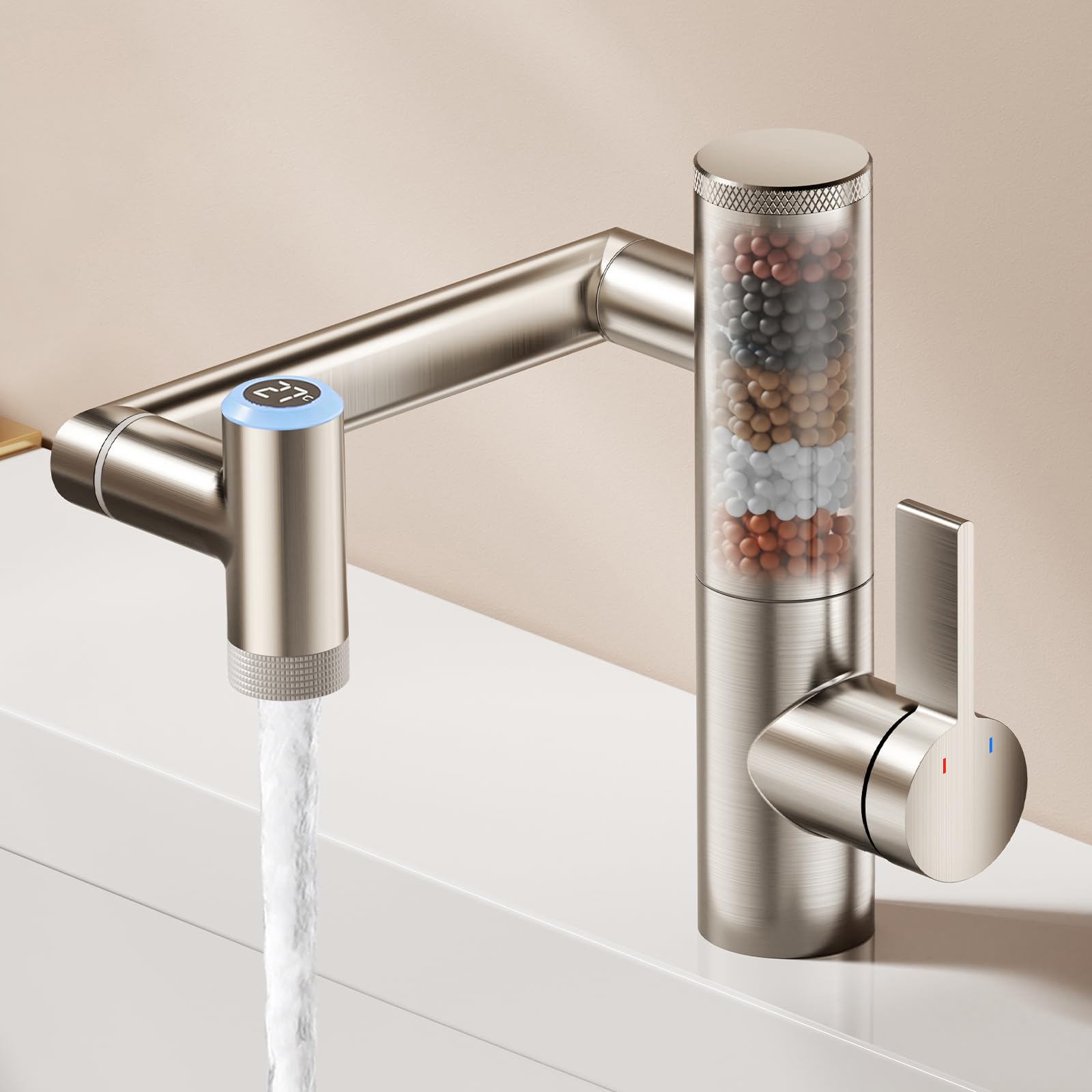 KAIYING Schwenkbare Wasserhahn Bad mit Filter, 1080° Drehbare Waschbecken Armaturen, 2 Sprühmodi Mischbatterie, Einhebelmischer Waschbeckenarmatur Bad mit Temperaturanzeige (Gebürstetes Nickel)
