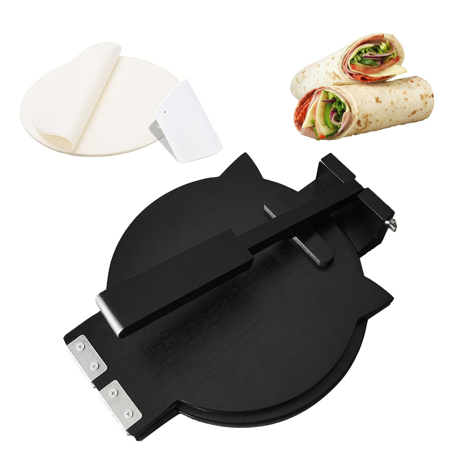 Wooden Tortilla Press - Quesadilla Maker 10 Inch with 50 Parchment Paper &amp; Dough Cutter, Bamboo Prensa para Tortillas Mexican Aplastador de Tortillera Press for Burritos, Taco, Corn Tortillas(Black)