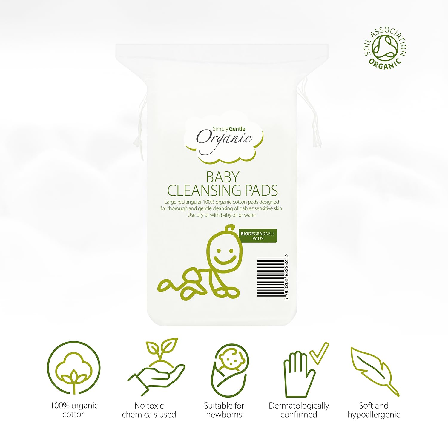 Simply Gentle Organic Cotton Baby Pads - Ultra-Soft, Lint-Free & Eco-Friendly, White, 60 Pads (Pack of 3) - Image 2