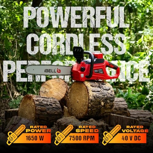 Image of IBELL Brushless 40V Cordless Chainsaw Brushless IBL BS40-17, 1650W Power, 16-Inch Guide Bar, 15m /s Chain Speed, 7500 RPM, 4Ah Li-Ion Battery, Heavy Duty Wood Cutting Machine - 12 Months Warranty