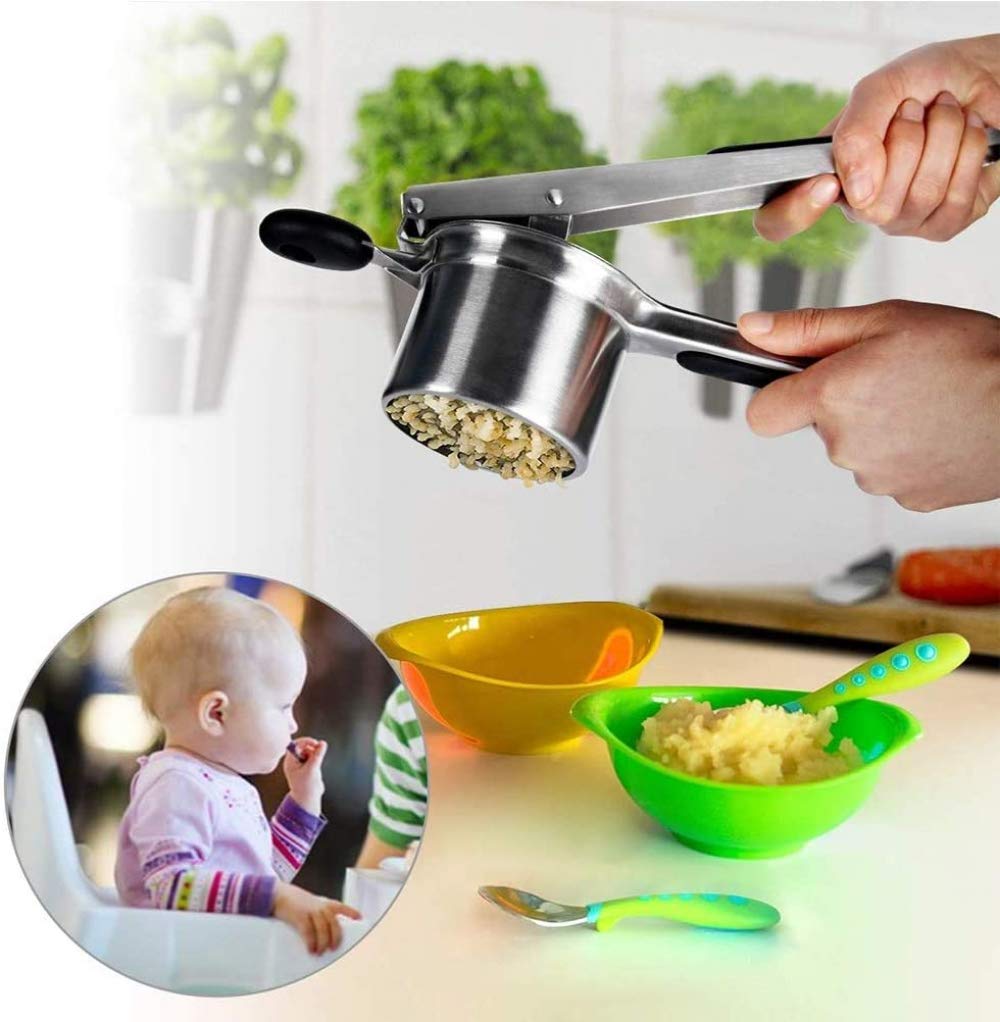Edelstahl Potato Ricer Professioneller Kartoffelstampfer, Hochleistungs-Obstpresse für Babynahrung, Gemüse, Püree - Rutschfeste Silikongriffe, 3 austauschbare Siebe für Fein, Mittel, Grob, Silber