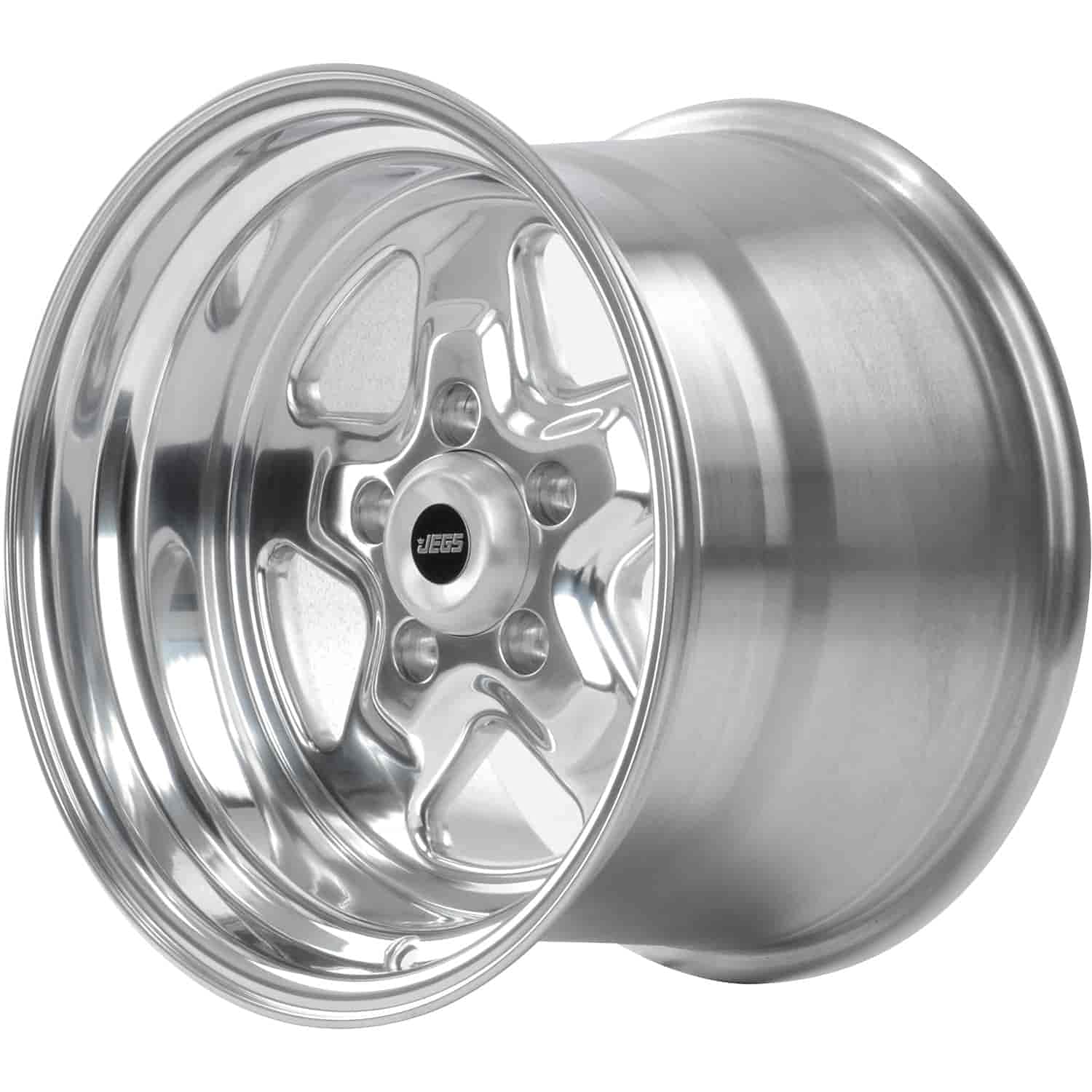 JEGS Sport Star Aluminum Wheel 15” x 10” | 5 x 4.5” Wheel Bolt Pattern Spacing | 0 mm Offset | 5.5” Backspacing | Polished Finish | 3.27” Center Bore | Includes Center Cap