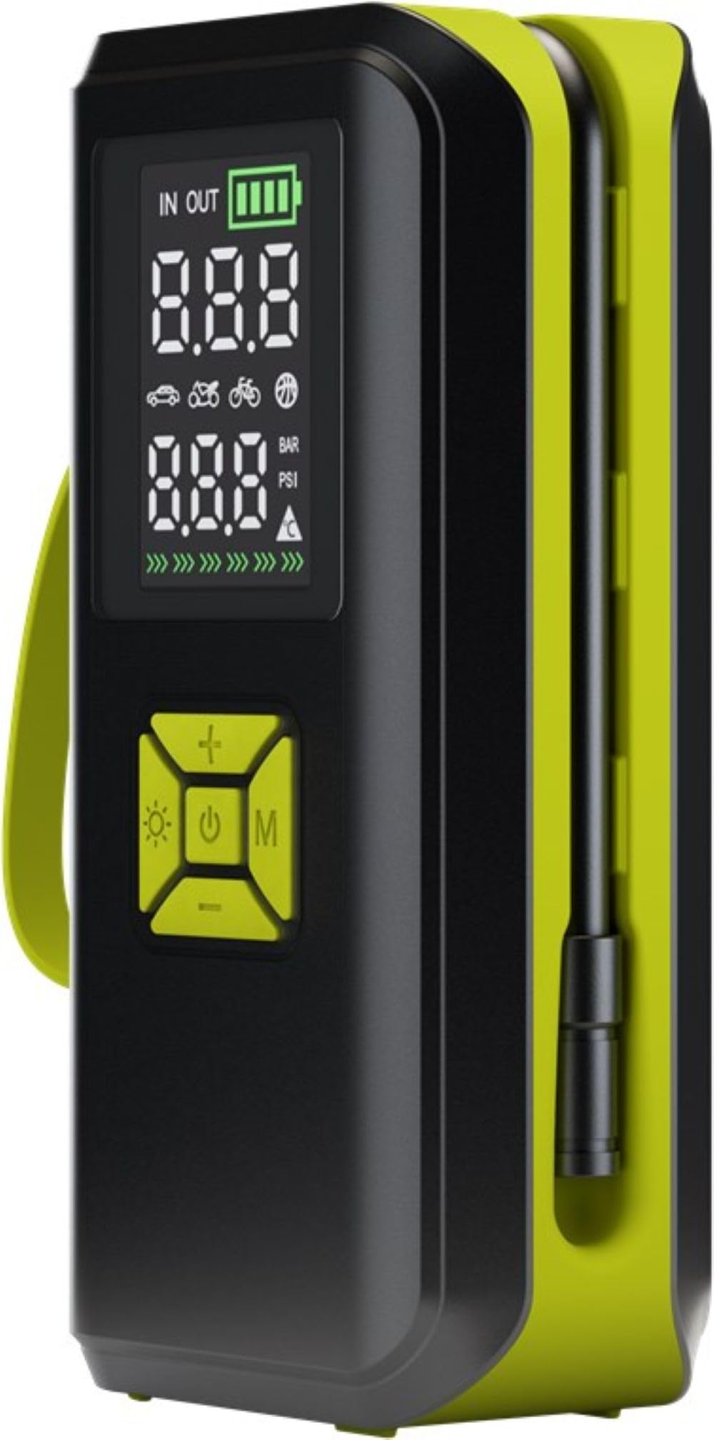 goobay - Pompe à air électrique sans fil 10 bar/150 PSI - Batterie 2Ah, 5V, avec lumière LED, 4 adaptateurs de soupapes, écran LED, compresseur pour pneus et balles de voiture, moto, vélo, port USB-C