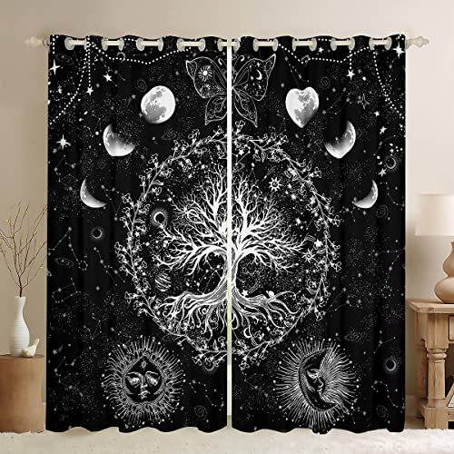 Loussiesd Sun and Moon Blackout CurtainsBohemian Tree Butterfly Curtain Psychedelic Hippie Darkening Window Dreapes for Galaxy Astrology Window Treatments W52*L90