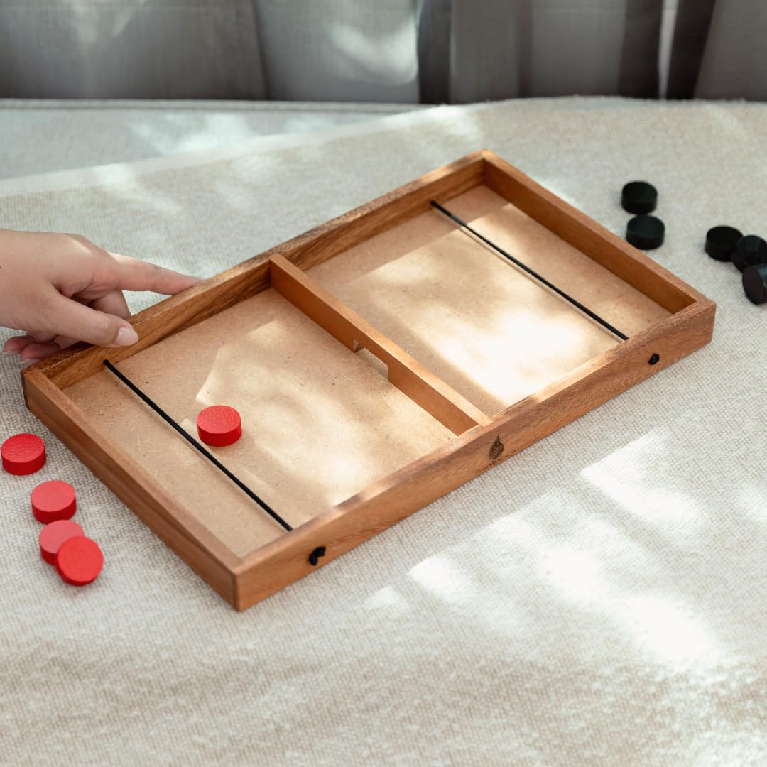 Jeu de palets Fast Sling – Jeu de hockey de table en bois de qualité supérieure pour adultes – Jeu de dextérité à 2 joueurs avec 10 palets – Planche en bois fabriquée à la main, jeu classique, jouet