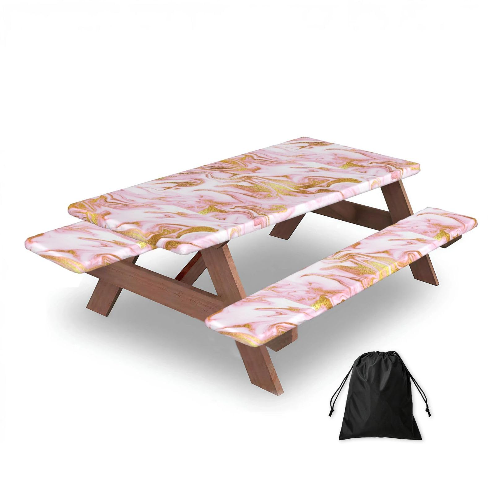 Gold Sparkle Pink, Picnic Table Cover With Bench Covers -Waterproof Elastic Fitted Tablecloth for Garden Camping Patio 76x152cm