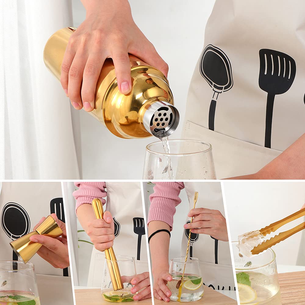 Buyer Star Juego de barra de coctelera, 25 onzas de oro Martini coctelera, coctelera de jugo, bebida de enfriamiento rápido, juego de herramientas de 8 piezas de bartender