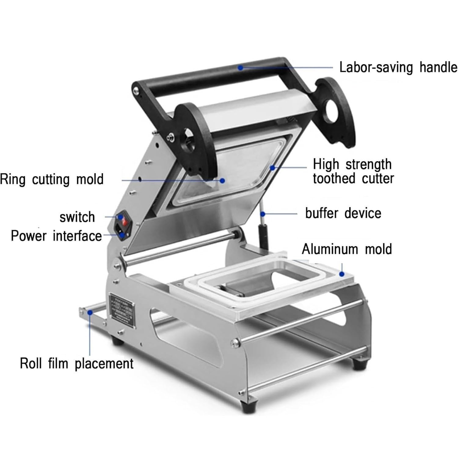 Selladora manual de alimentos para cajas y bandejas de sándwich, eficiente 7-8 veces/minuto, ideal para supermercados y envasado de alimentos