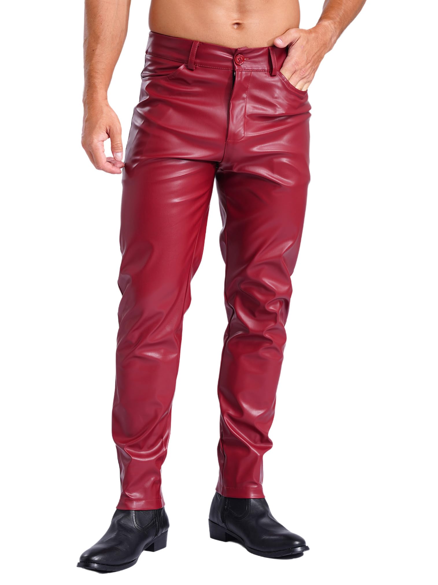 easyforever Men's Faux Leather Straight Leg Pants with Pockets Motorcycle Biker Tight Pants Red 3X-Large
