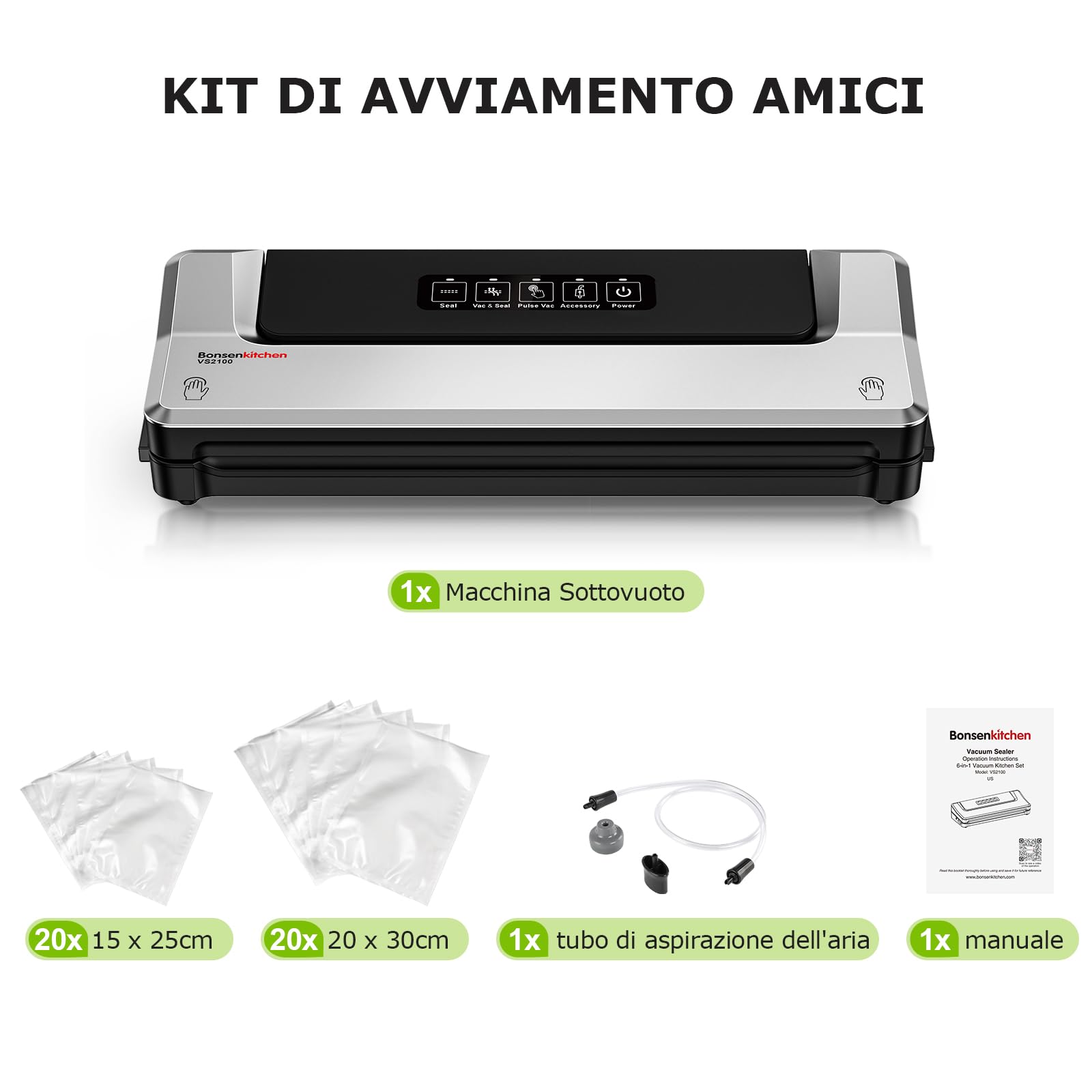 Bonsenkitchen Macchina Sottovuoto per Alimenti 4 in 1 - Macchina Sottovuoto per La Cottura Sottovuoto e La Conservazione di Alimenti Freschi, Con Modalità Vuoto Esterno, con 40 sacchetti sottovuoto