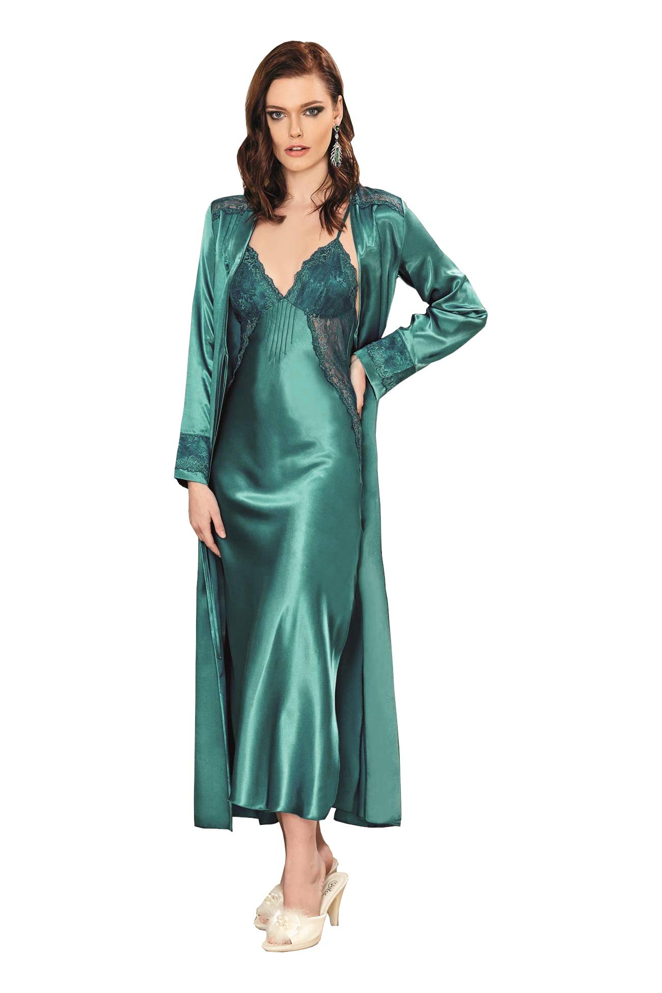 Lingerie Long Satin Nightgown With Kimono Robe For Women (Green, Small)