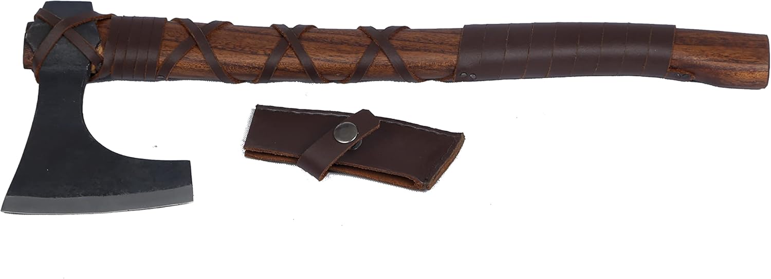 Viking Traders Medieval Axe | Authentic Hand-Forged | Throwing Axe | Hatchet and Solid Leather Wooden Handle Wrapped with Leather Rope | Hardened Blades with Blade Cover | One Handed (18.5 Inch)