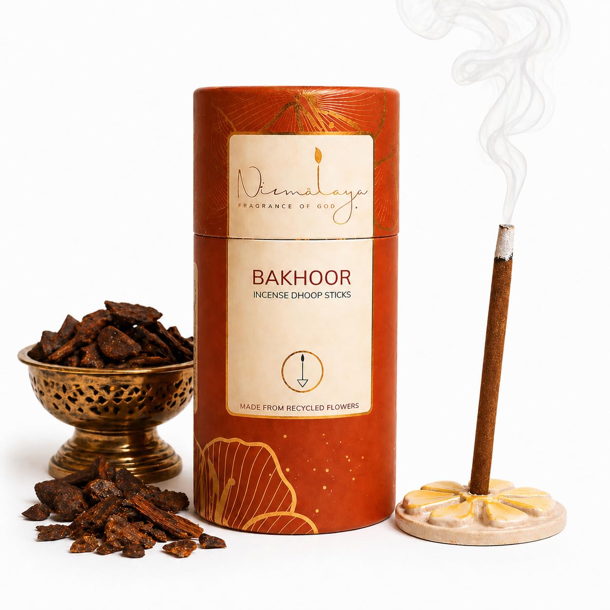Nirmalaya Premium Bakhoor Bambooless Dhoop Sticks (40 Sticks) with Ceramic Stand Sacred Temple Flower | 100% Charcoal-Free | for Pooja, Meditation, Yoga & Home Fragrance