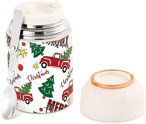 Cartoon Christmas Truck Tree Food Jar with Spoon Stainless Steel Vacuum Insulated Food Container 17 oz Food Flask for Hot Food