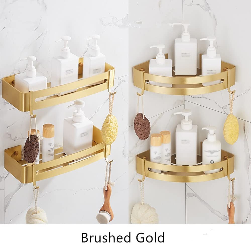 HEXEH Estante de ducha esquinero para baño, montado en la pared, aluminio dorado cepillado, organizador de champú, estante de drenaje, estantes de cocina, botellas de condimento, estante de