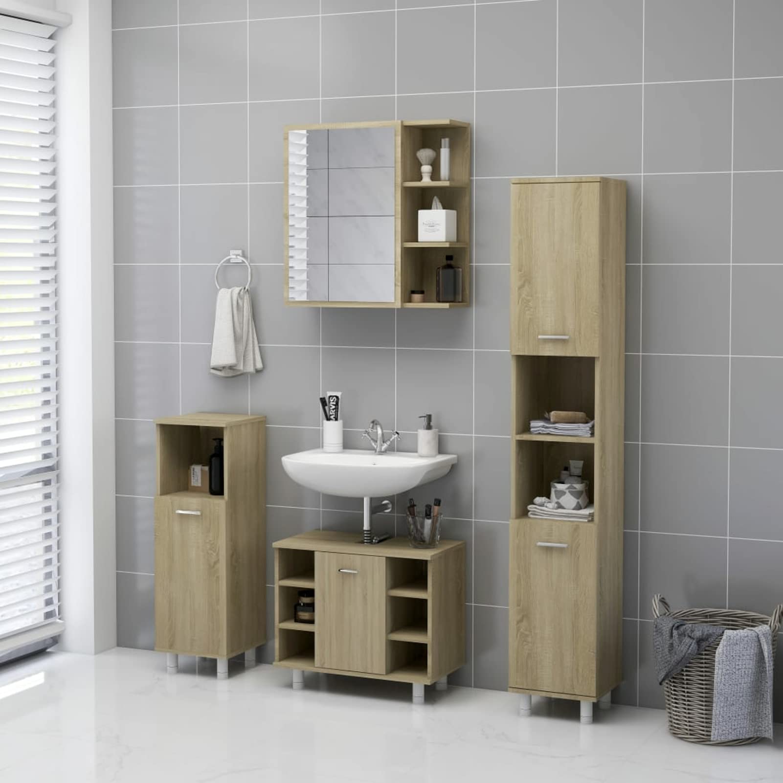 Homgoday Szafka łazienkowa z lustrem, dąb sonoma, 62,5 x 20,5 x 64 cm, drewno inżynieryjne, szafka do przechowywania, meble łazienkowe, toaletka, przechowywanie mebli łazienkowych