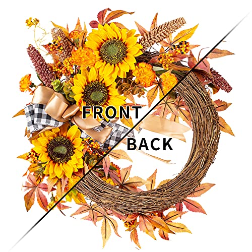 Wanna-Cul 16 Inch Fall Wreath Decor For Front Door With Sunflowers, Grains, Maple Leaves, Berries And Orange Carnations thumb #4