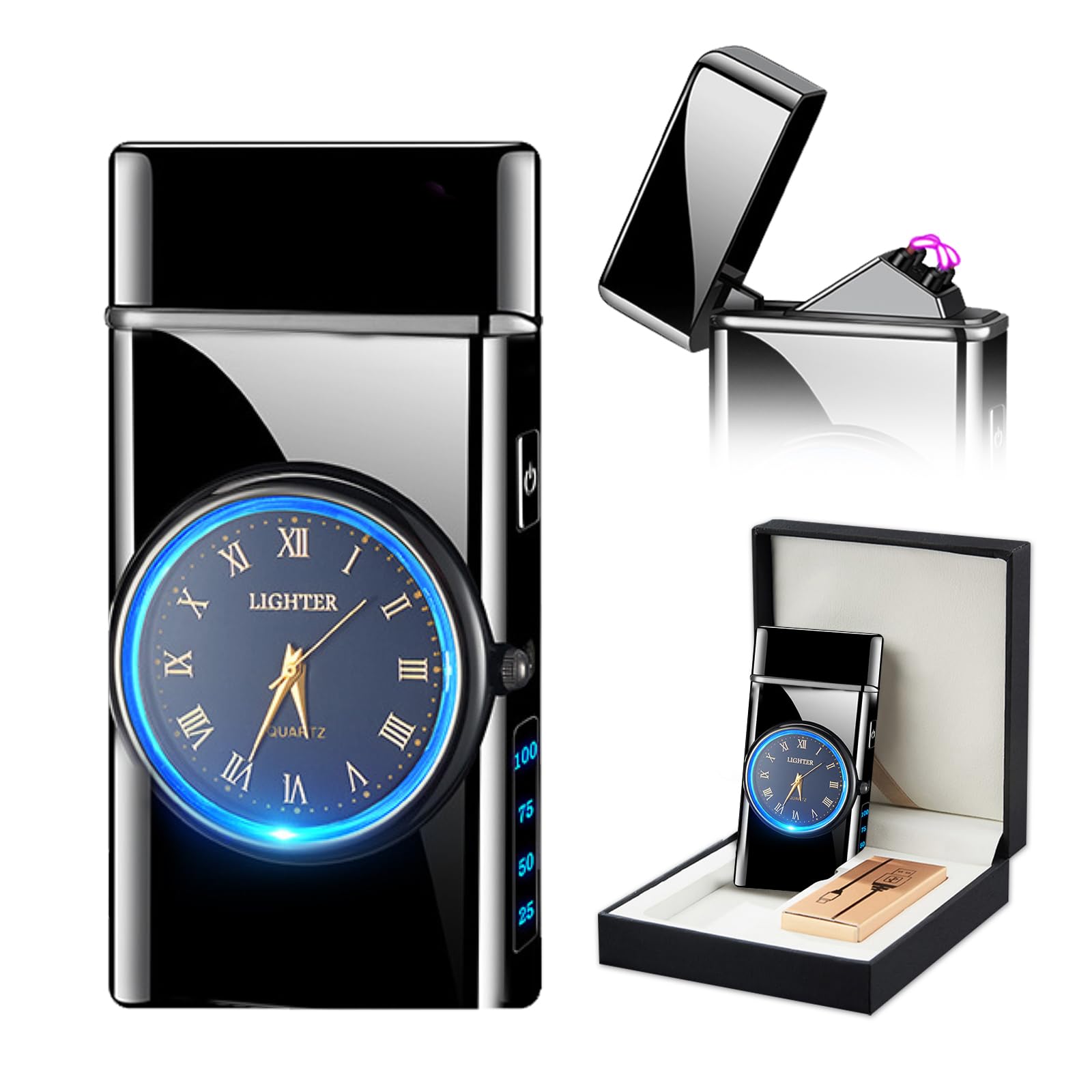 Skrfire Pure Black Electric Double Arc Plasma Lighter, Rechargeable Lighters With Battery Display Indication Cool Lighter With Led Torch For Friends, Family, Candles(Black)