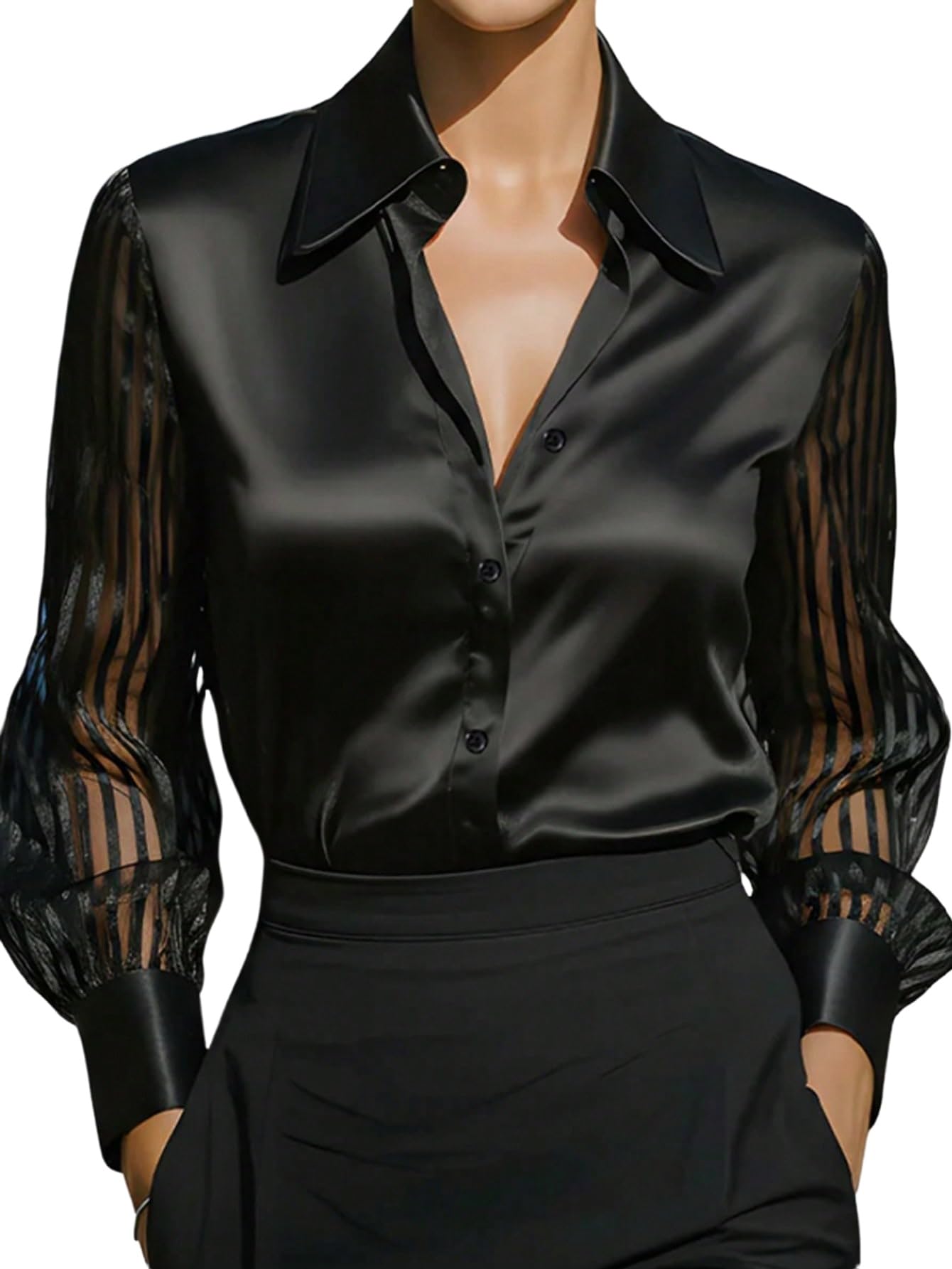 GORGLITTER Chemisier en satin pour femme, col de chemise, chemisier de bureau avec maille, manches longues, chemisier de loisirs, coupe ajustée, haut de bureau, tenue d'affaires