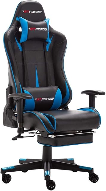 GTFORCE FORMULA RX GAMING RECLINING SPORTS RACING OFFICE DESK PC CAR WITH FOOTREST FAUX LEATHER CHAIR (Blue)