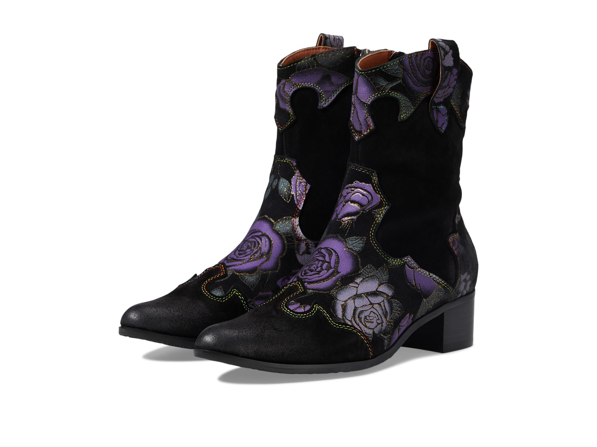 Spring Step L'Artiste Ladyluck Booties for Women - Floral Leather and Suede Women's Chelsea Boots - Western Ankle Boots for Women with Low Heel