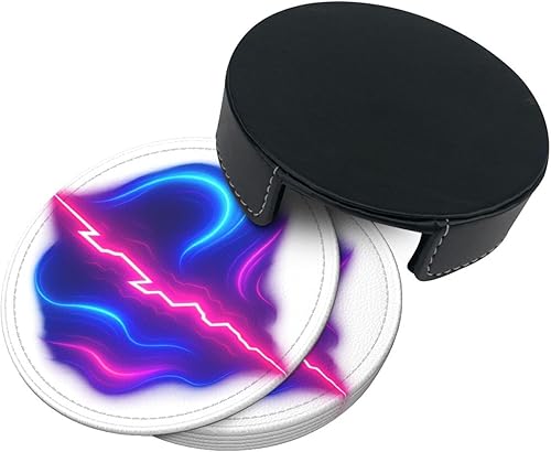 Miniatura 4 de Drink Coasters Set of 6, Neon Light Printed PU Leather Round Coaster with Holder for Outdoor, Office, Bar, Funny Heat-Resistant Home Desk Decor