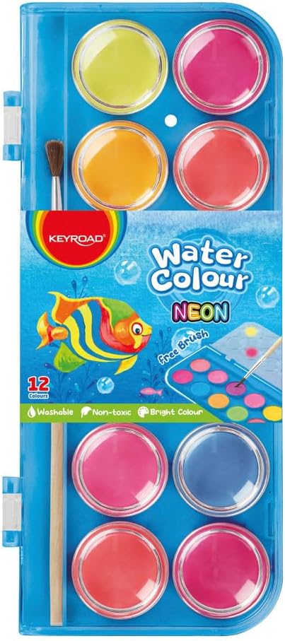 Keyroad Watercolour Paints, Watercolour Box with Brush, 12 Neon Colours Watercolour Set, Pendant, Watercolours
