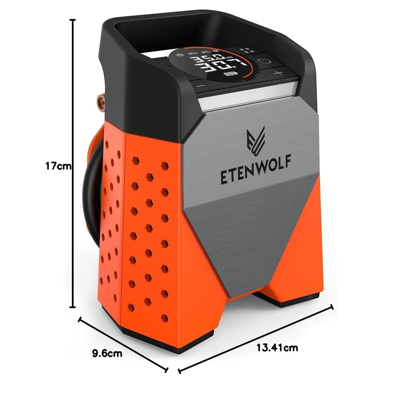 ETENWOLF ZEPHYR S3-7800mAh Compressore Aria Portatile, 160 PSI/11.03Bar Pompa Gonfiabile con Pompa ad Aria Elettrica per Auto, Moto, Biciclette, Palloni, Riempimento Rapido in 1 Minuto e Luci LED
