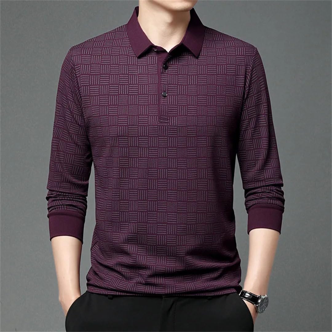 Camiseta polo de manga larga a cuadros para hombre, color liso, para hombre
