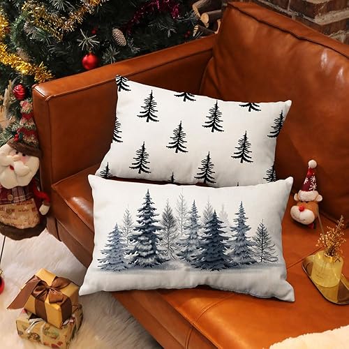 Miniatura 5 de DFXSZ Fundas de almohada de Navidad de 12 x 20 pulgadas, decoración de Navidad, acuarela, azul, árbol de Navidad, estilo rústico, estampado de