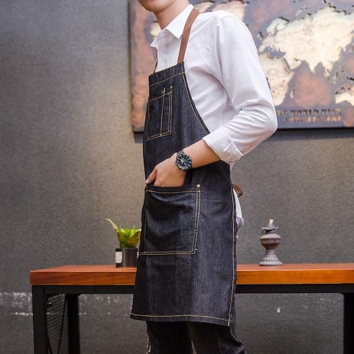 Miniatura 4 de Delantal de mezclilla unisex ajustable con múltiples bolsillos para chef cocina, barbacoa y estudio