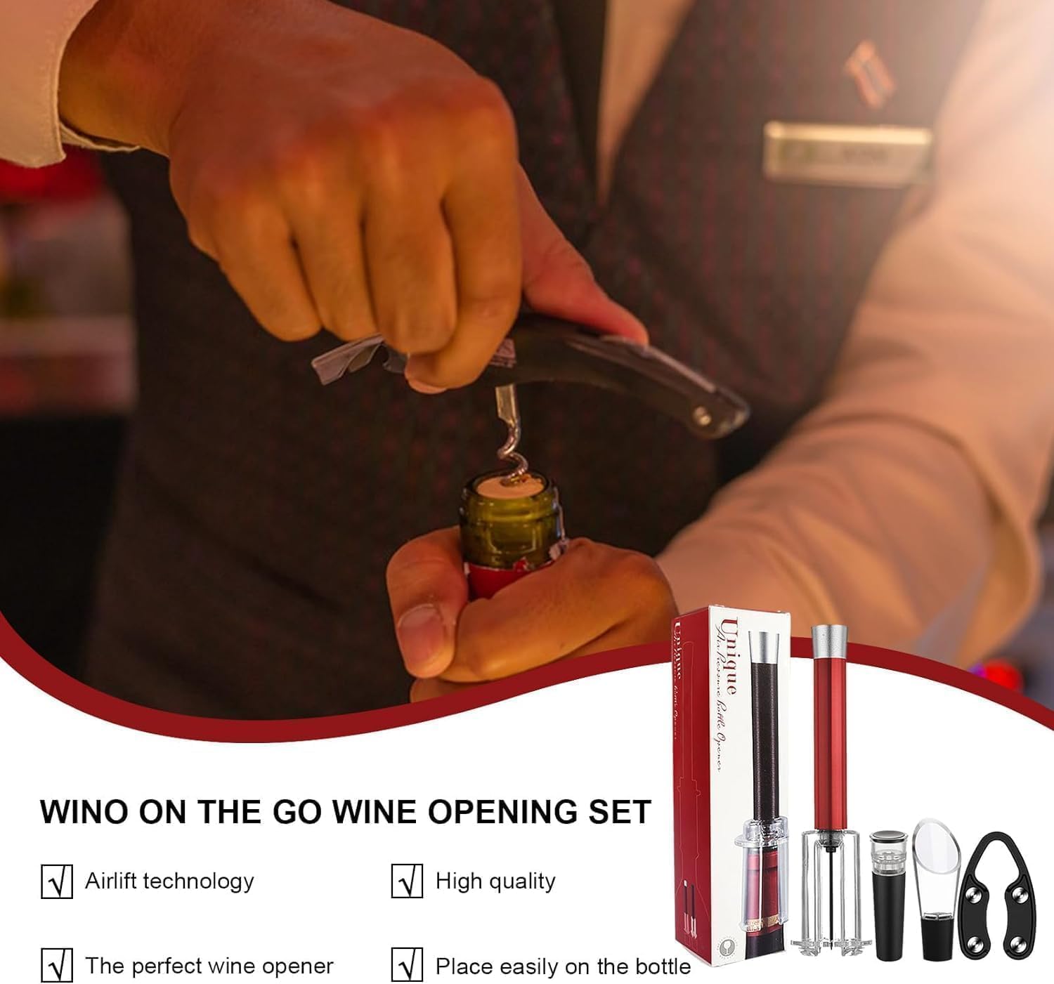 Wino on The Go Weinöffner-Set,Luftdruckpumpe,Weinflaschenöffner,einfacher Korkenentferner,Korkenzieher,Korkenzieher,Weinöffner,Griff aus Aluminiumlegierung(rot)