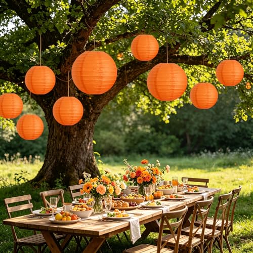 Image of 9pcs Orange Round Paper Lanterns Decorative Hanging Chinese Paper Lanterns Lamps for Birthday Wedding Halloween Baby Bridal Shower Fall Home Decor Party Decoration(Orange)