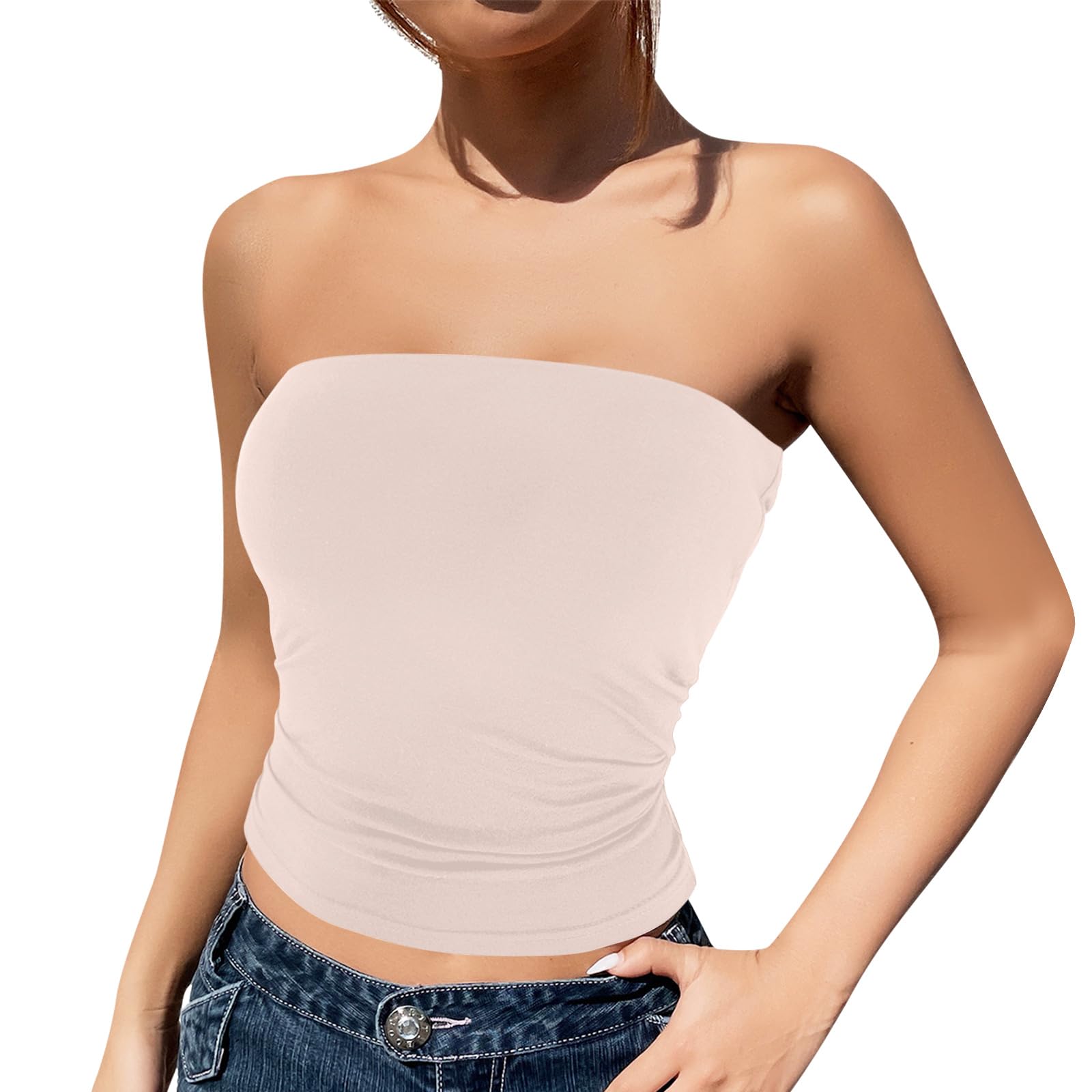 Women's Y2K Strapless Tube Tops Basic Backless Sleeveless Bandeau Going Out Crop Tops Cute 2025 Summer Clothes (UK, Alpha, L, Regular, Regular, Apricot)