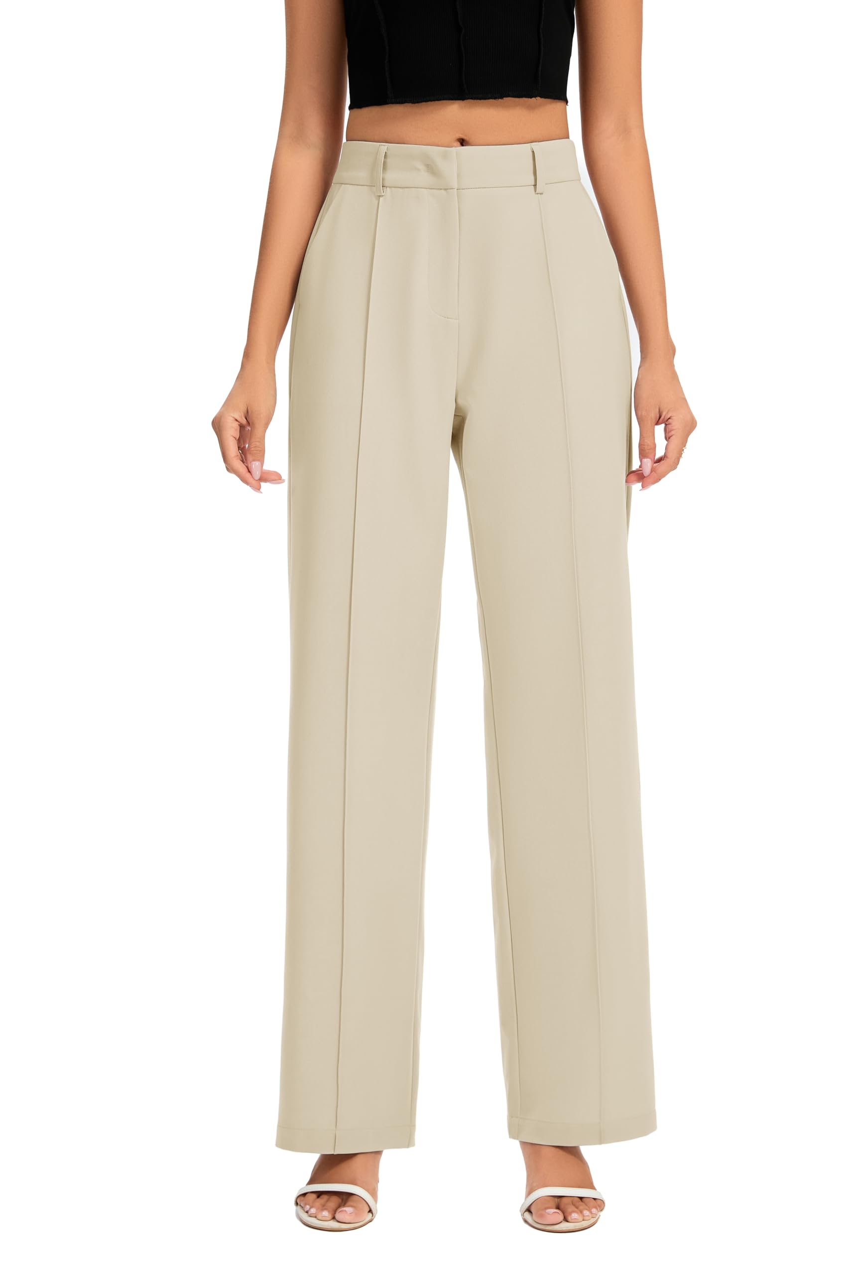 FUNYYZO Women Long Dress Pants High Waisted Work Pants Dressy Casual Straight Leg Elastic Waist Trousers